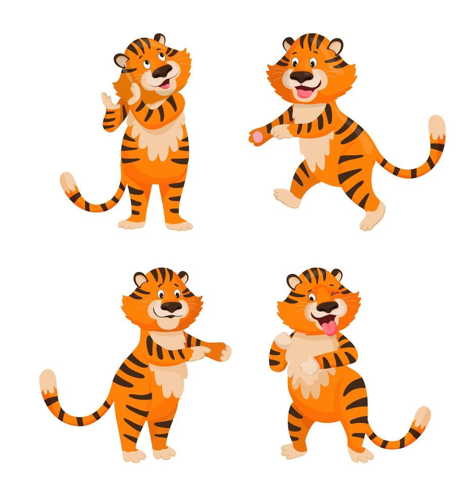 Tiger characters in playful poses with expressions vector