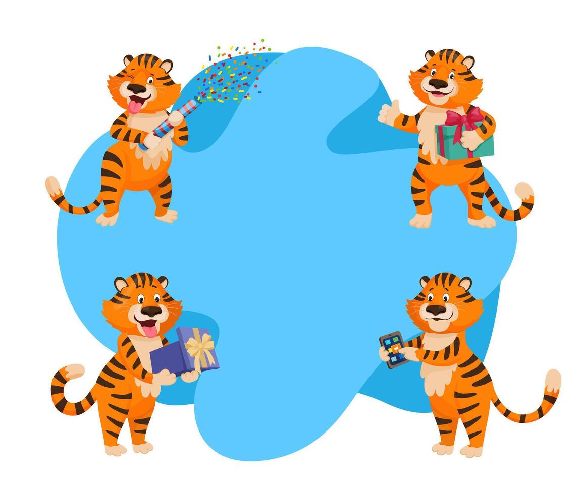 Playful tiger frame with cute characters on corners vector