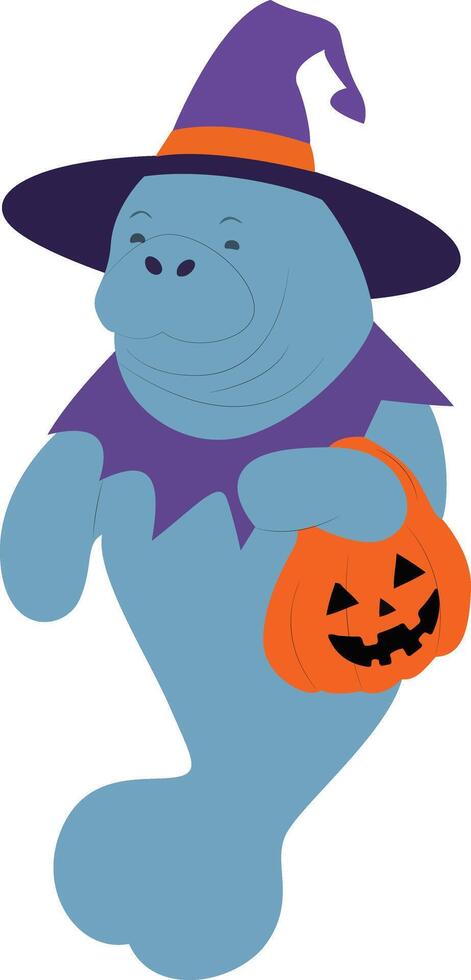 Manatee Witch Halloween Trick or Treating vector
