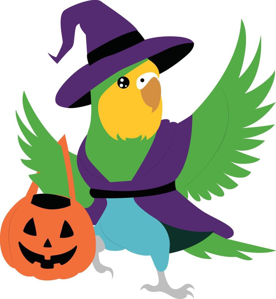 a cartoon parrot with a pumpkin and witch hat vector