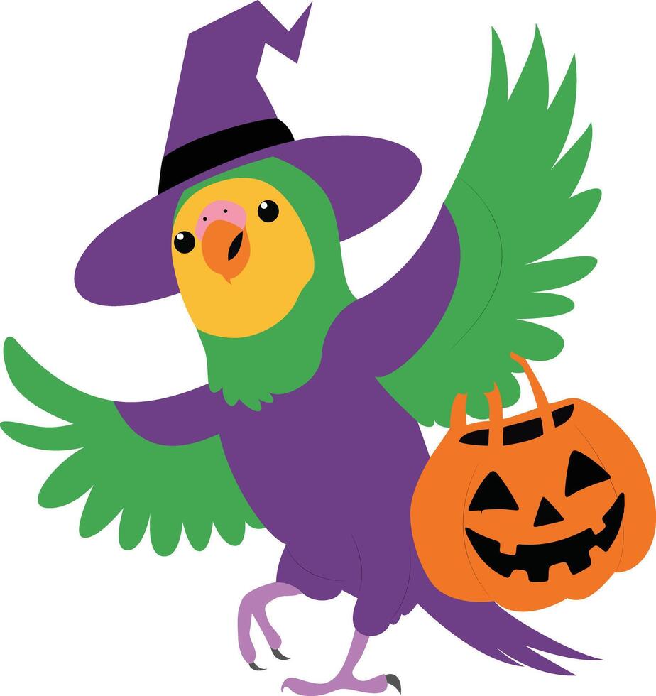 a parrot with a pumpkin and witch hat vector