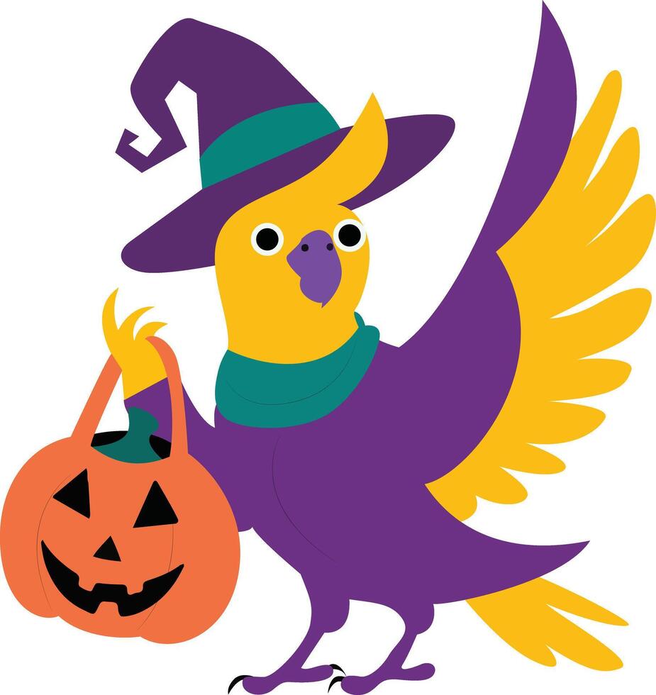 Cute Halloween Parrot Witch Trick or Treating cartoon vector