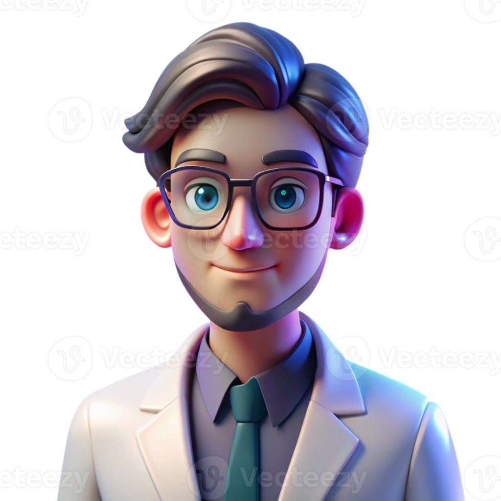 extraordinary creative Portrait of a thoughtful scientist with spectacles and a lab coat, lit by the cool glow of a computer screen, in a futuristic style premium png