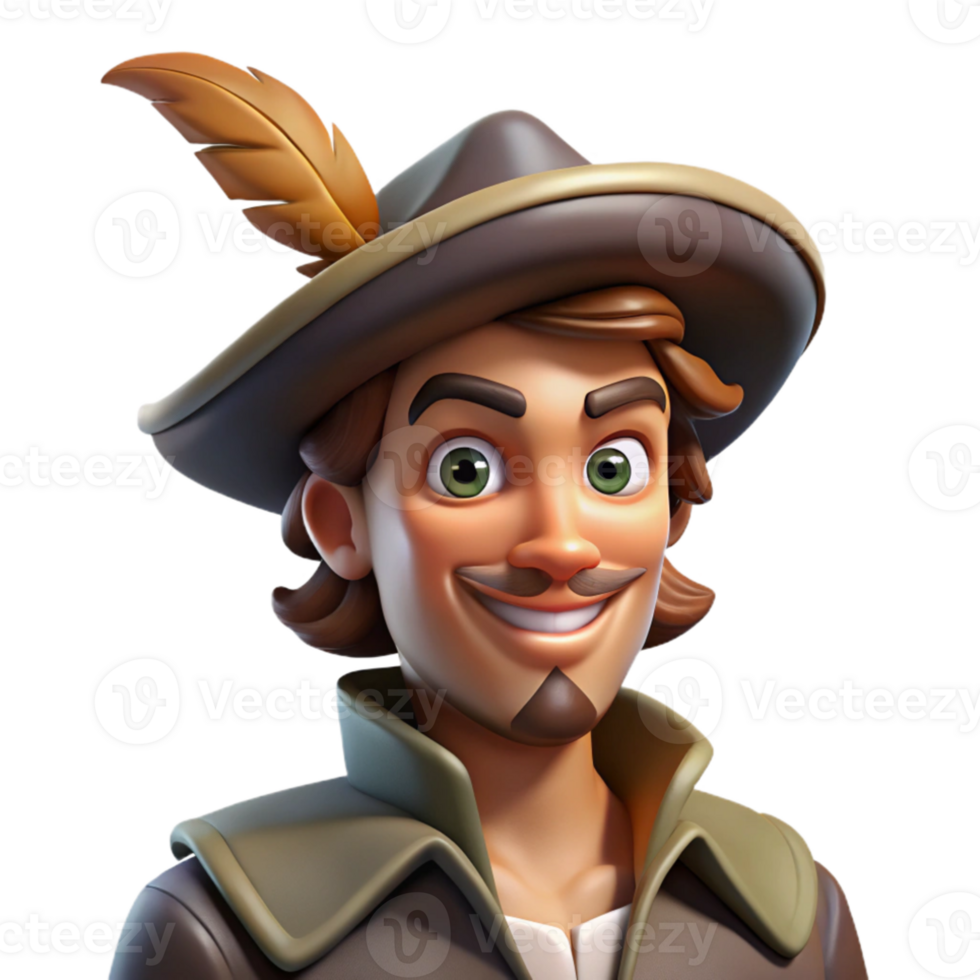 extraordinary contemporary Portrait of a charming rogue with a sly grin and a feathered hat, lit by dim tavern light, in a swashbuckler style premium png