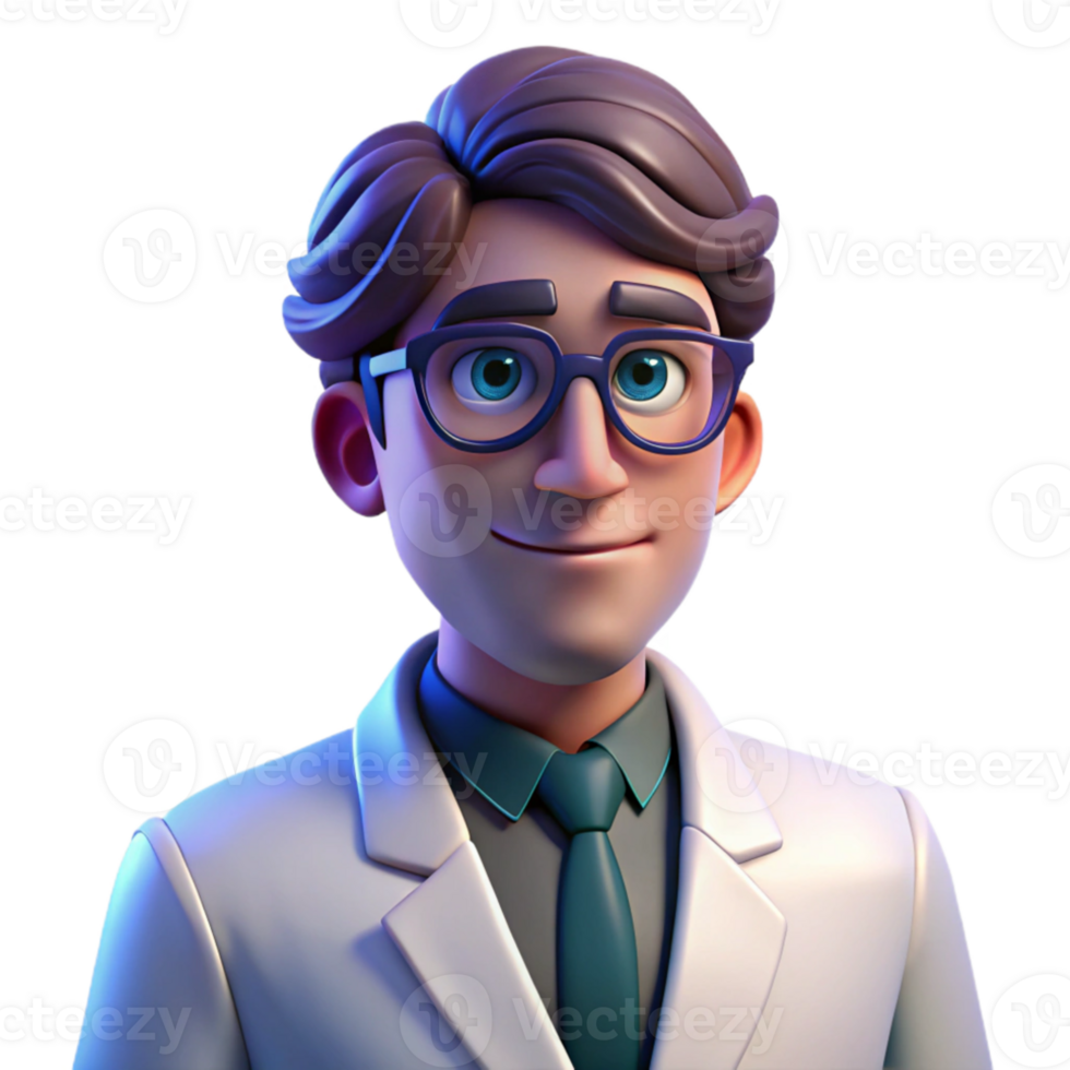 extraordinary creative Portrait of a thoughtful scientist with spectacles and a lab coat, lit by the cool glow of a computer screen, in a futuristic style authentic png