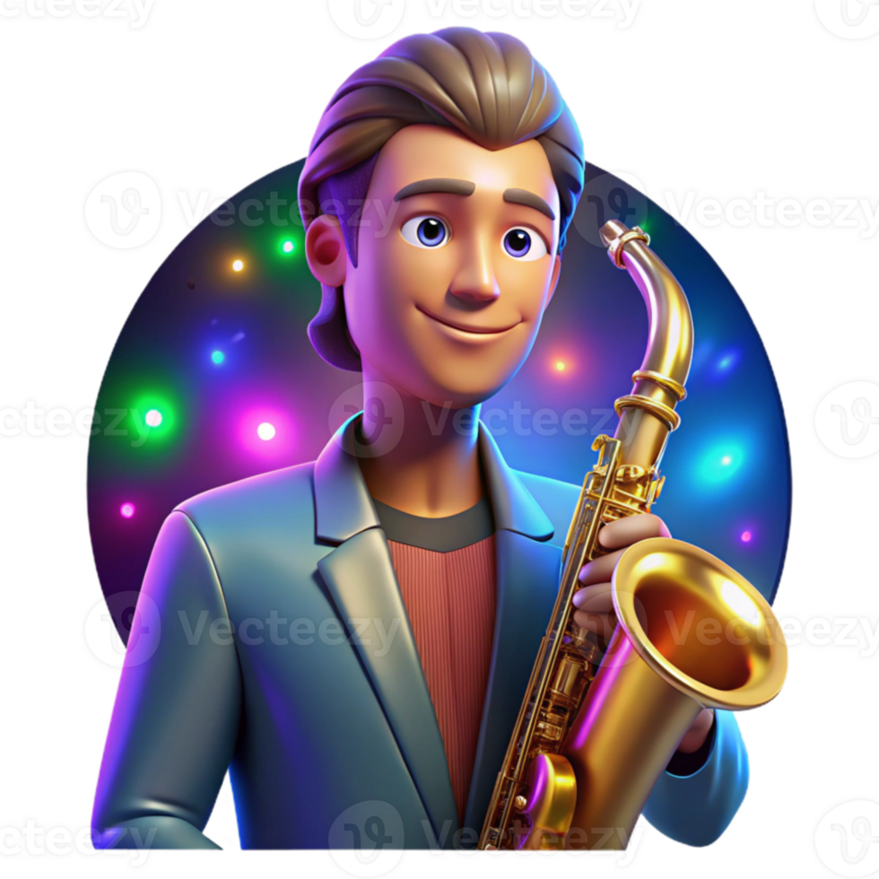 vibrant abstract Portrait of a young musician with a soulful expression and a saxophone, lit by colorful stage lights, in a vibrant, pop art style detailed png