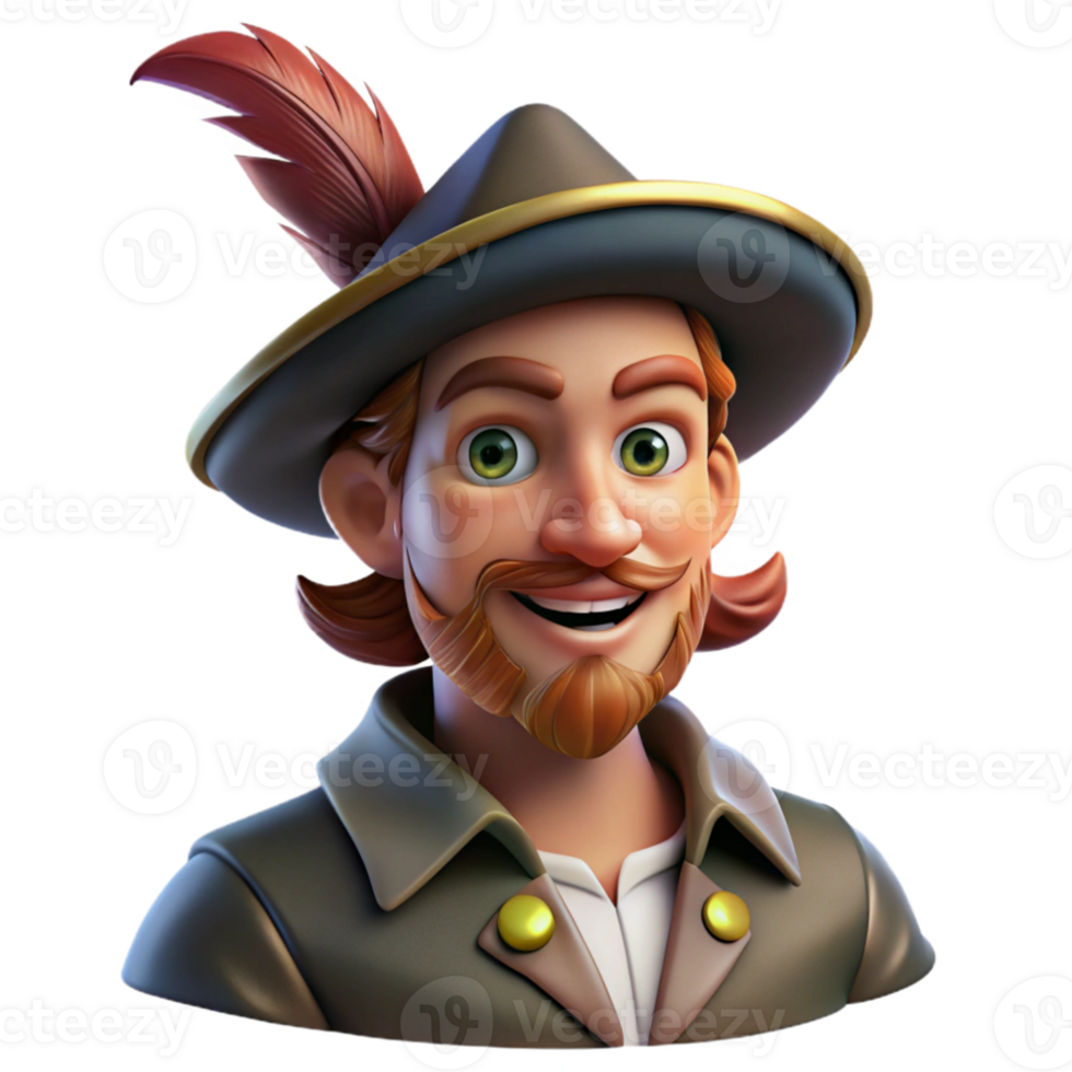dramatic creative Portrait of a charming rogue with a sly grin and a feathered hat, lit by dim tavern light, in a swashbuckler style detailed png
