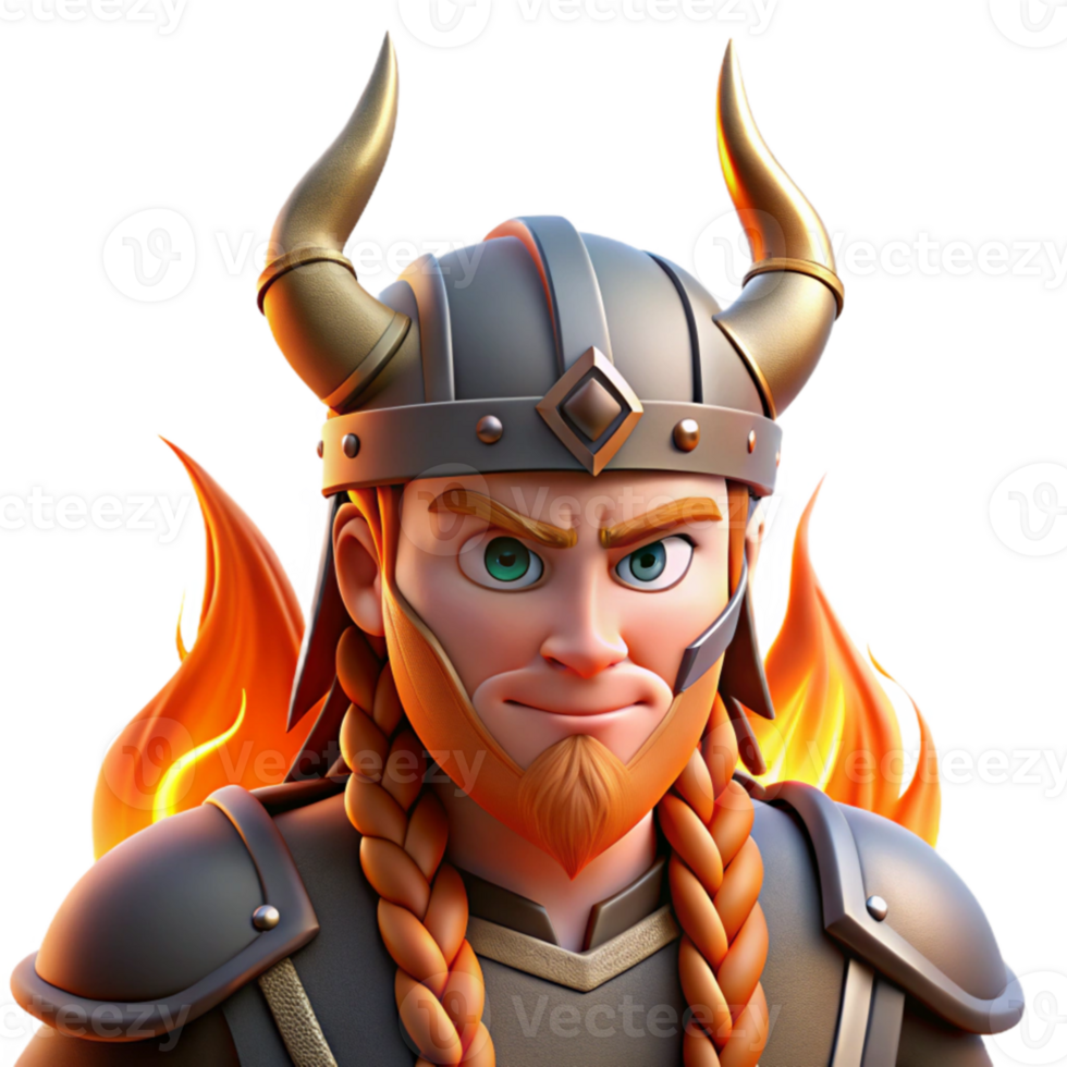 beautiful abstract Portrait of a fierce Viking warrior with braided hair and a horned helmet, lit by the fiery glow of a burning longship, in a Norse mythology style exclusive png