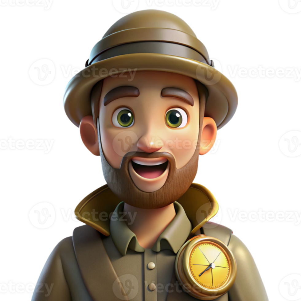 impressive abstract Portrait of a curious explorer with a weathered face and a compass in hand, lit by the warm glow of a setting sun, in a vintage adventure style exclusive png