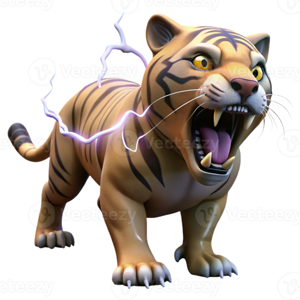 beautiful contemporary A fierce tiger roaring amidst a thunderstorm, dramatic lightning, realistic style professional png
