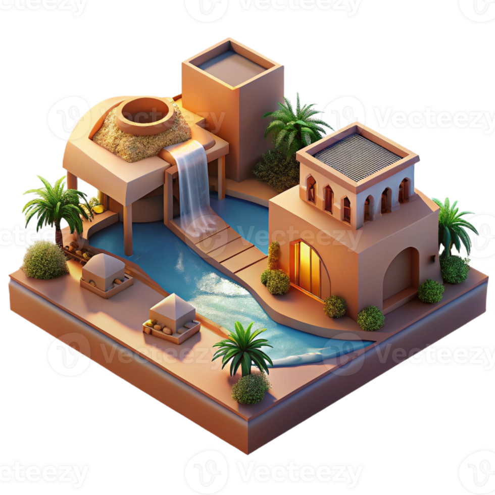 vibrant traditional Desert oasis resort, rammed earth architecture, flowing water features, warm sunset light, minimalist, original png