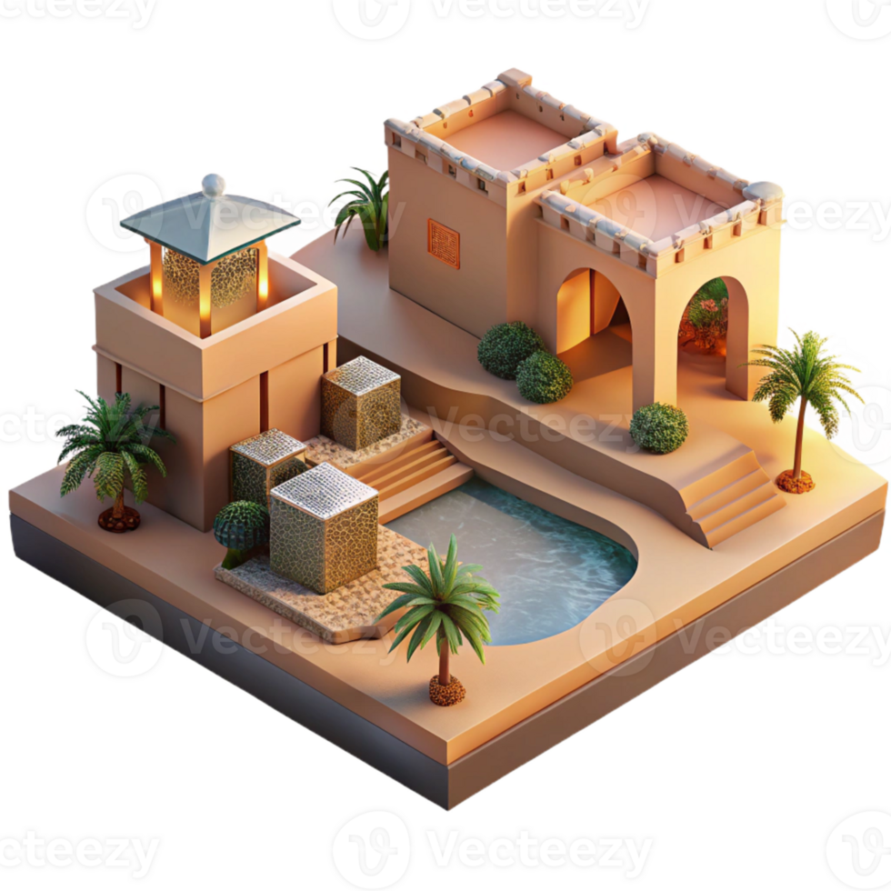 stunning classic Desert oasis resort, rammed earth architecture, flowing water features, warm sunset light, minimalist, high quality png