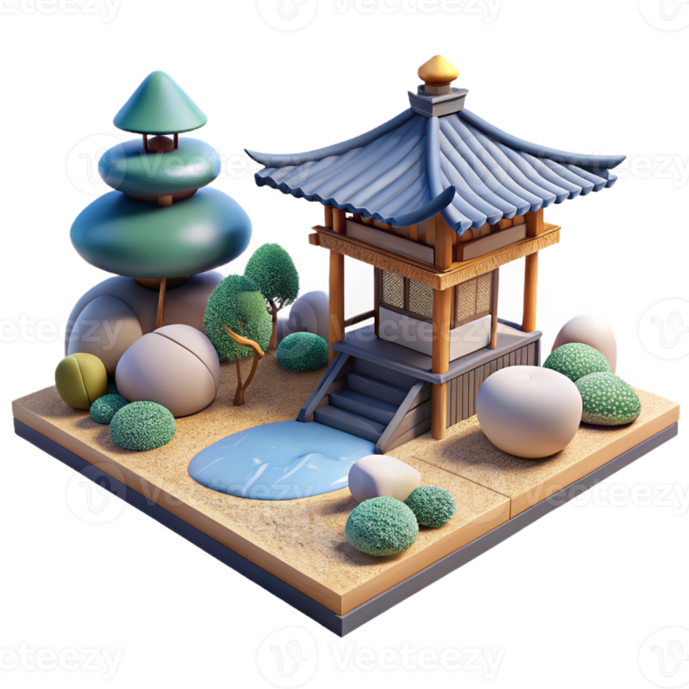 beautiful rustic Japanese Zen garden with traditional tea house, raked gravel, bonsai trees, soft diffused light, serene, exclusive png