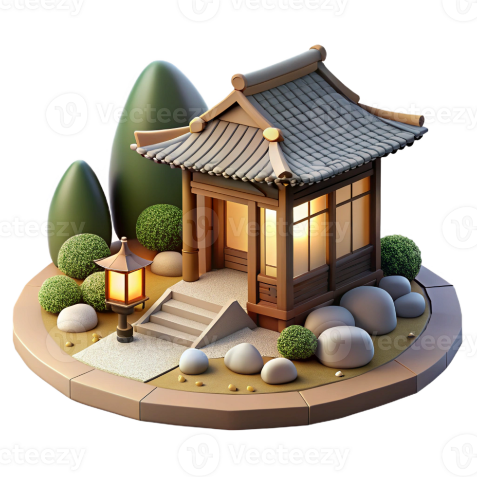 impressive minimalist Japanese Zen garden with traditional tea house, raked gravel, bonsai trees, soft diffused light, serene, 4K png