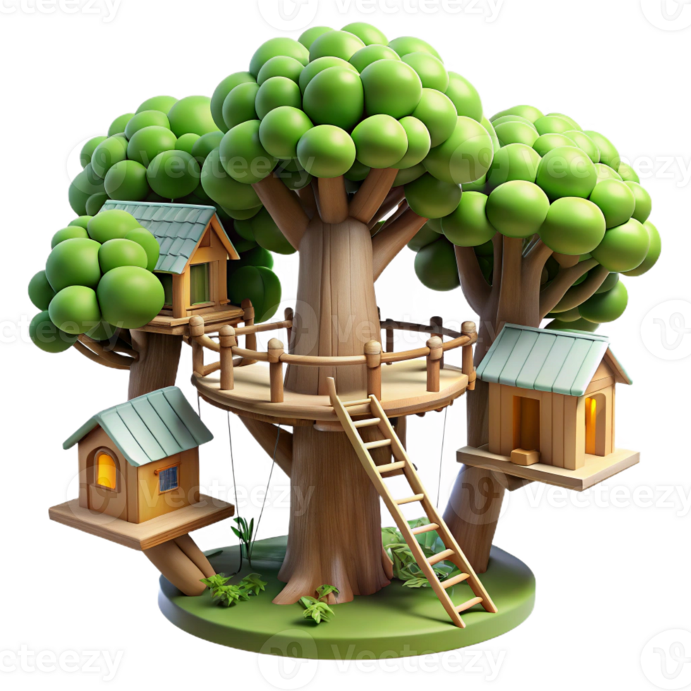 serene artistic Treehouse village interconnected by rope bridges, lush foliage, dappled sunlight, whimsical, exclusive png