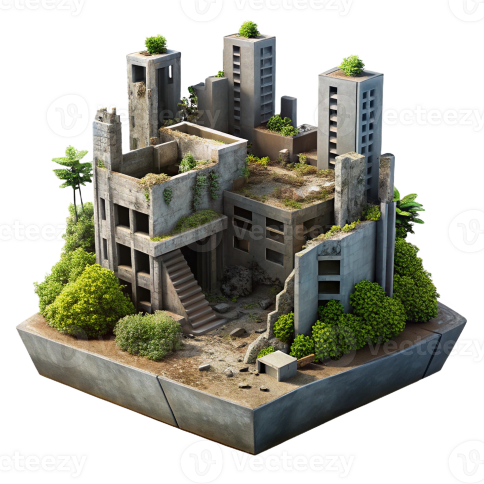 vibrant classic Post-apocalyptic ruined city, overgrown with vegetation, crumbling buildings, muted daylight, desolate, exclusive png