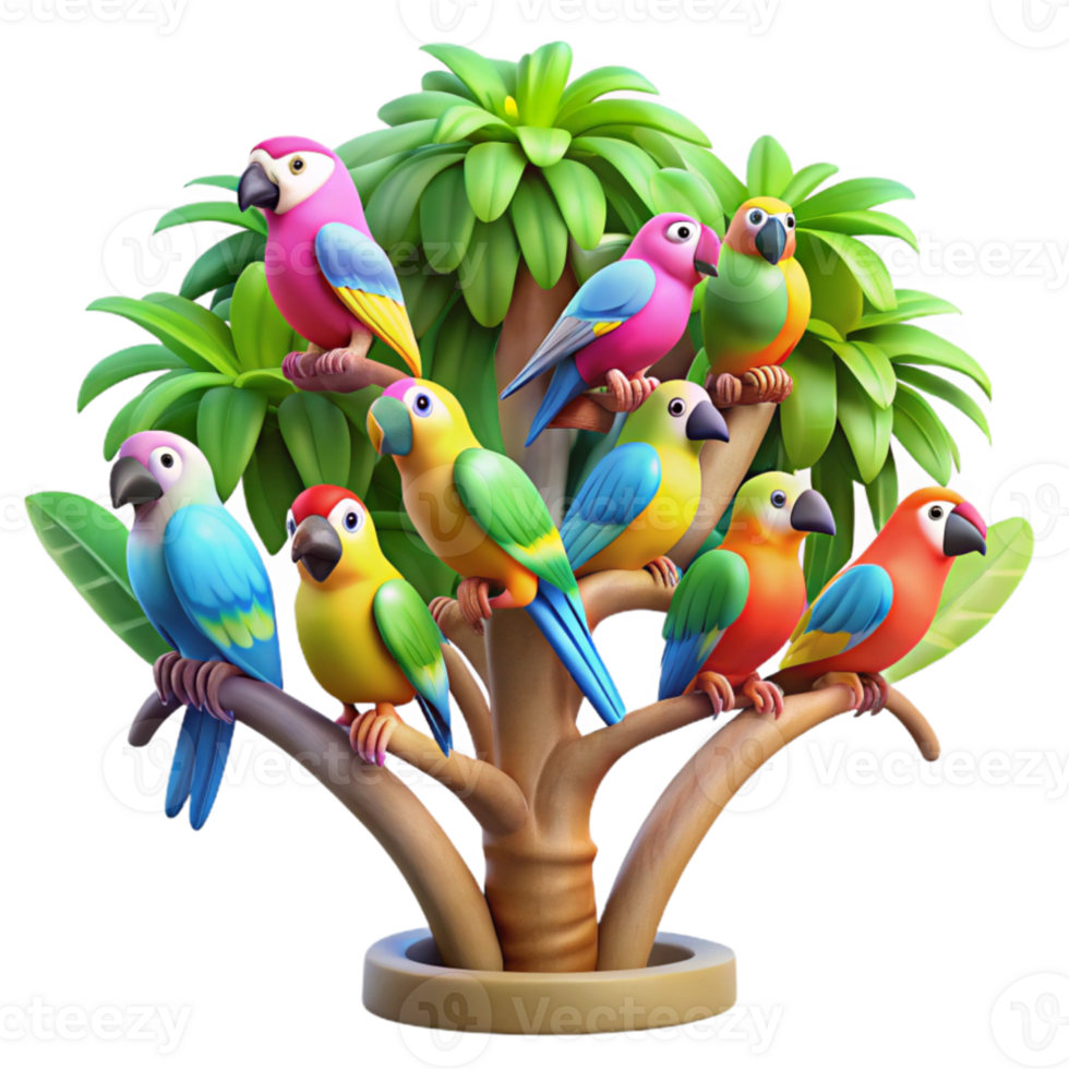 extraordinary contemporary A flock of colorful parrots perched on a tropical tree, bright sunlight, vibrant painting style high quality png