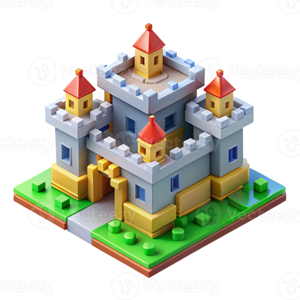 stunning classic Isometric pixel art castle, bright colors, retro gaming style, authentic png