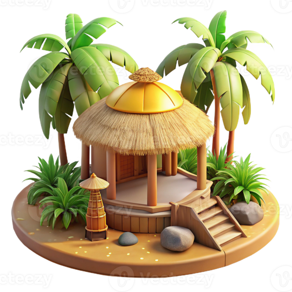 dramatic vintage Bamboo and thatch eco-resort, tropical setting, warm sunlight, sustainable, 4K png