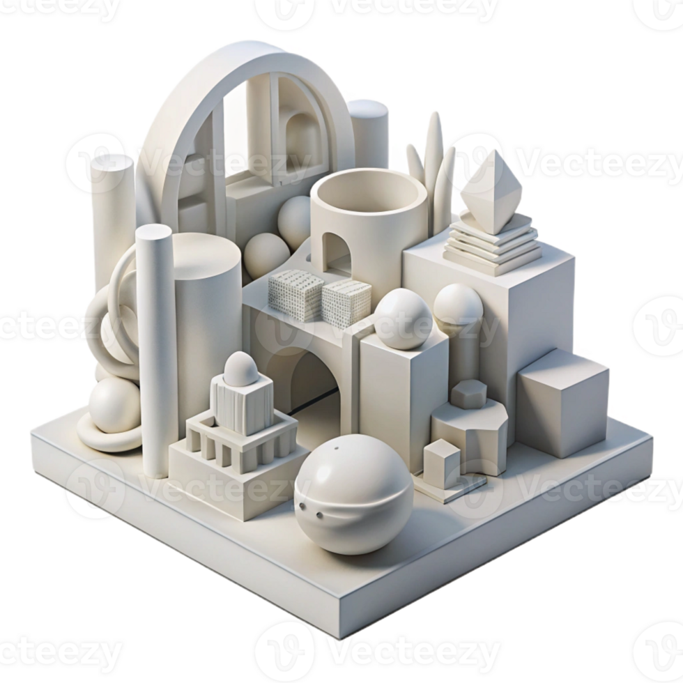 vibrant artistic Conceptual architectural model, white plaster, abstract forms, studio lighting, minimalist, professional png