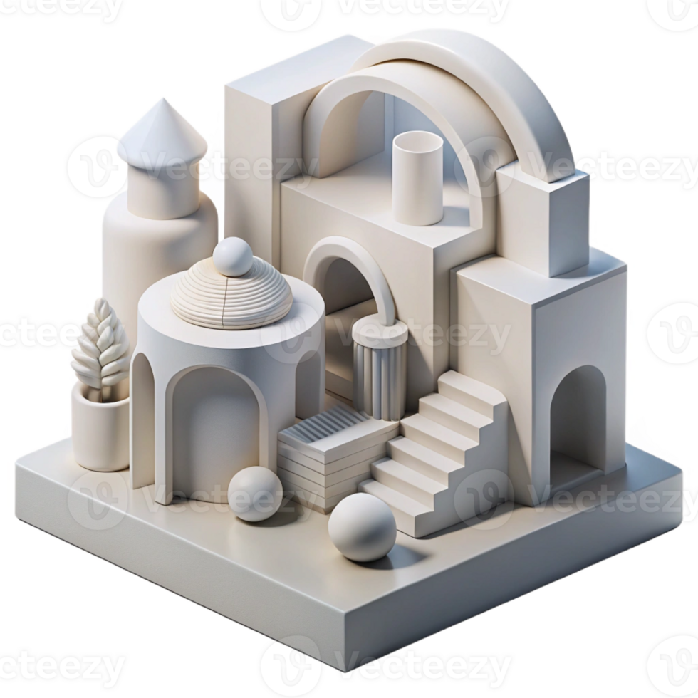 dramatic creative Conceptual architectural model, white plaster, abstract forms, studio lighting, minimalist, high resolution png