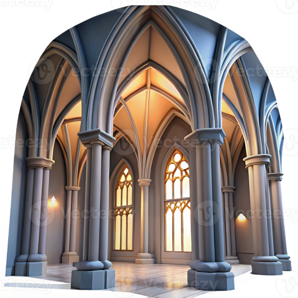 impressive vintage Gothic cathedral interior, soaring arches, stained glass windows, dramatic lighting, awe-inspiring, genuine png