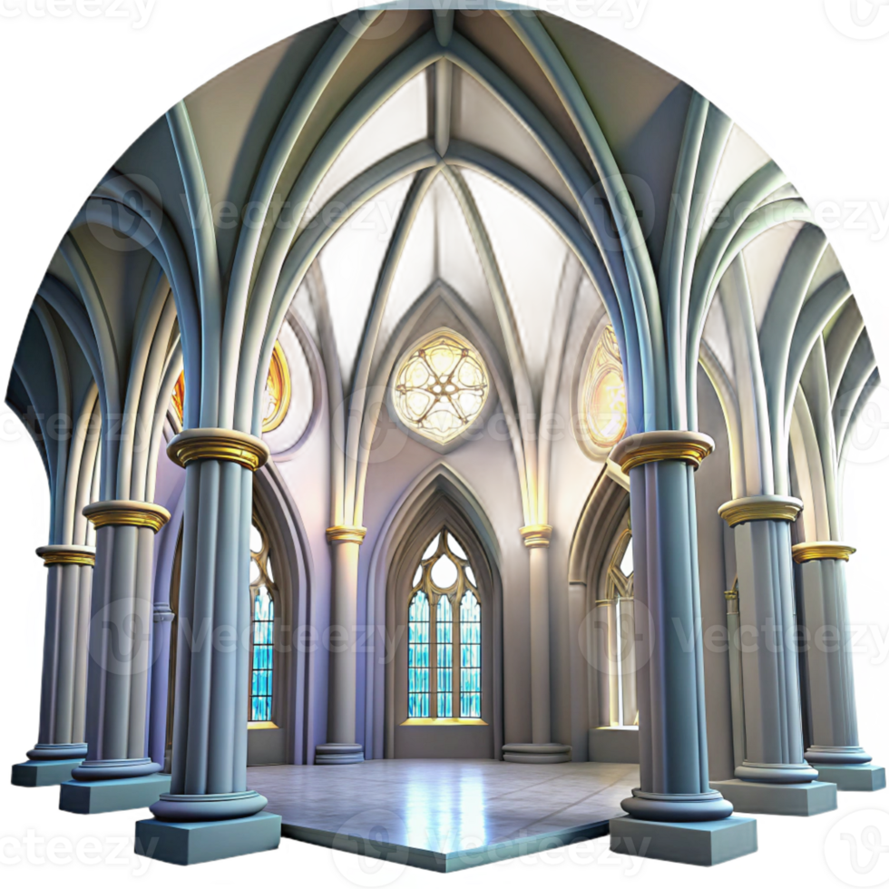 wonderful artistic Gothic cathedral interior, soaring arches, stained glass windows, dramatic lighting, awe-inspiring, genuine png