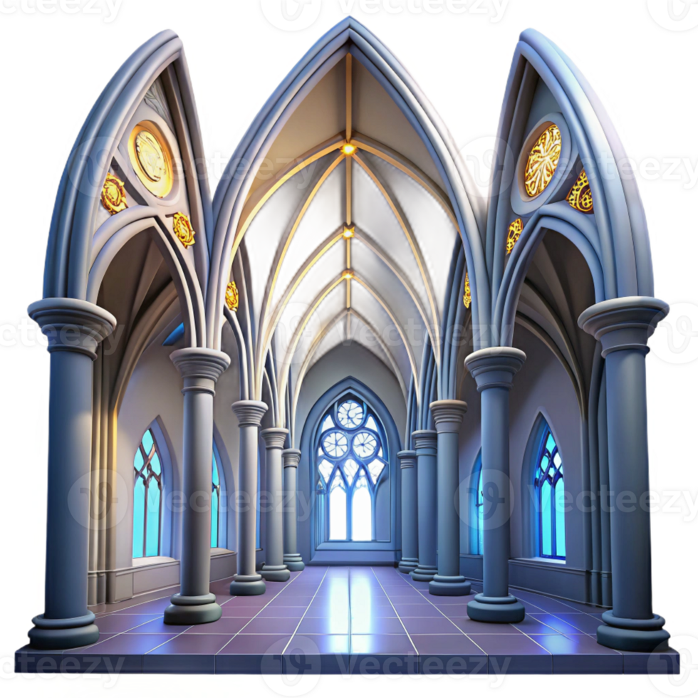 vibrant minimalist Gothic cathedral interior, soaring arches, stained glass windows, dramatic lighting, awe-inspiring, exclusive png