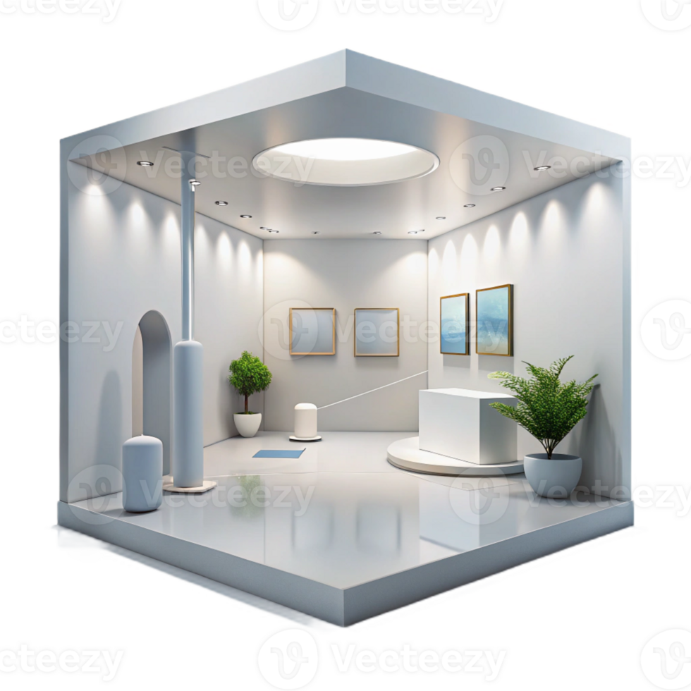 impressive abstract Modern art gallery, white walls, minimalist design, natural light, contemporary, high quality png