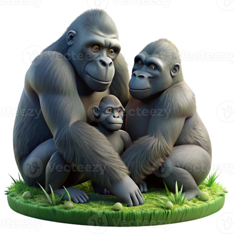 beautiful modern A gorilla family grooming each other in the rainforest, dappled jungle light, nature documentary style high quality png