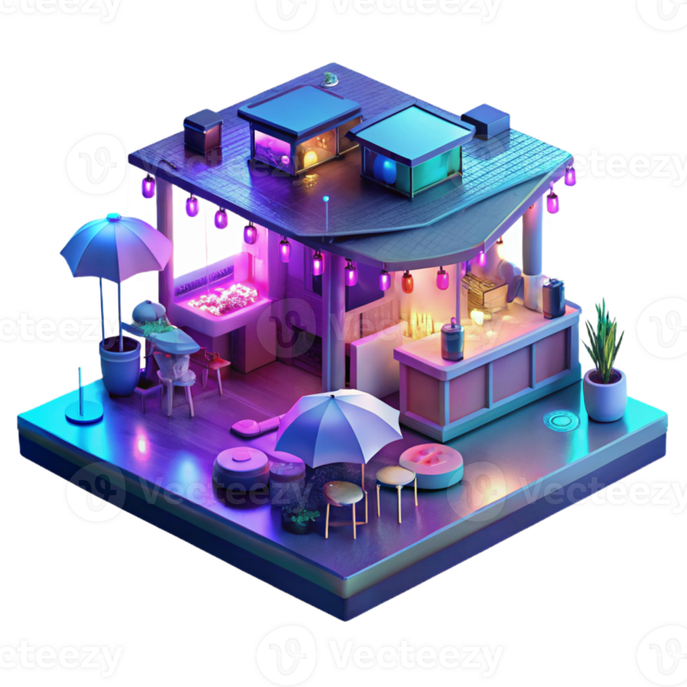 magnificent abstract Cyberpunk street market, neon signs, holographic projections, crowded, rainy night, original png