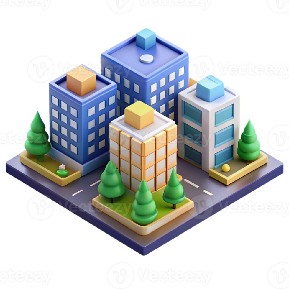 stunning modern Isometric city block, low-poly style, bright colors, stylized, authentic png