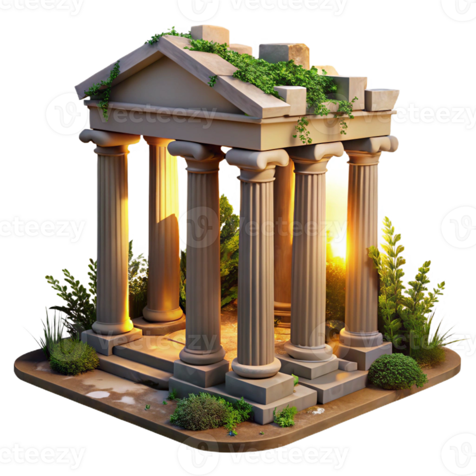 wonderful artistic Ruined Greek temple, crumbling columns, overgrown with vegetation, golden hour lighting, evocative, exclusive png