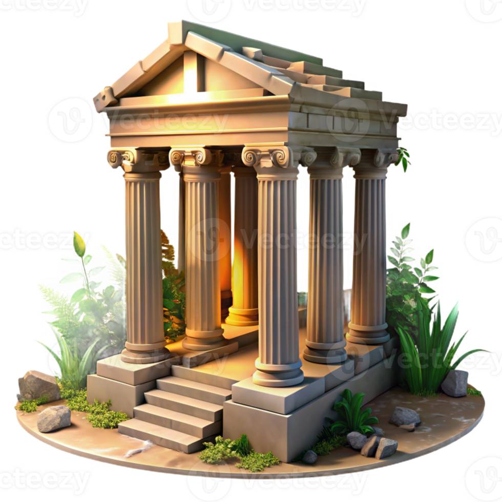 impressive minimalist Ruined Greek temple, crumbling columns, overgrown with vegetation, golden hour lighting, evocative, detailed png