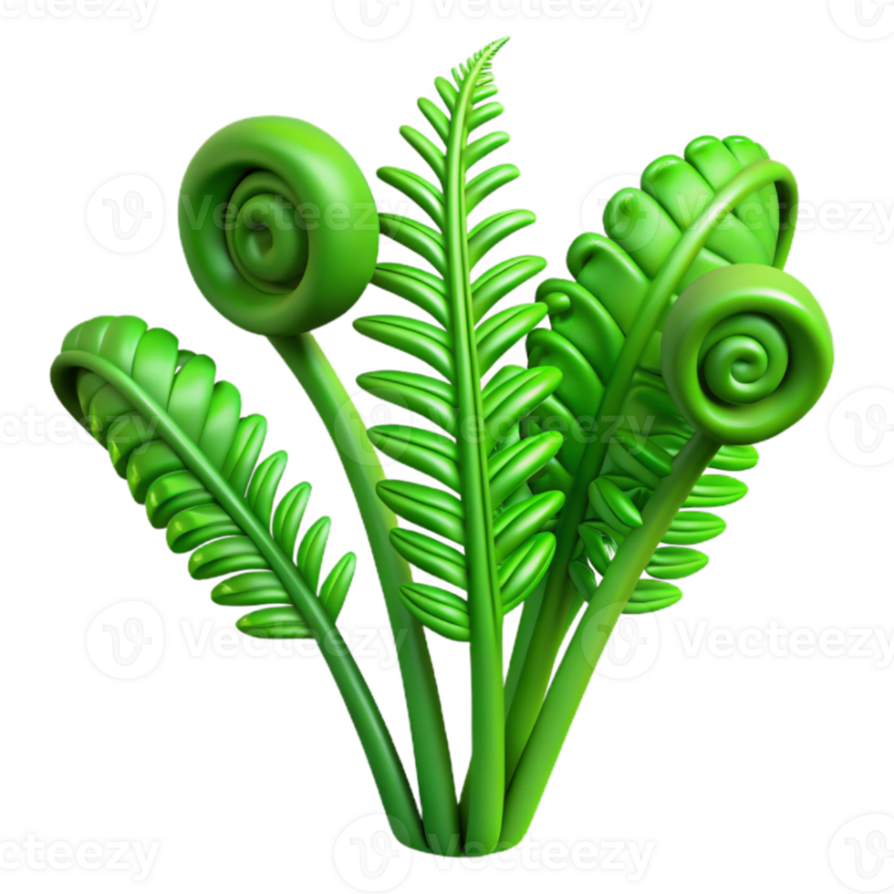 vibrant minimalist Three vibrant green ferns unfurling, dramatic chiaroscuro lighting, botanical illustration style exclusive png
