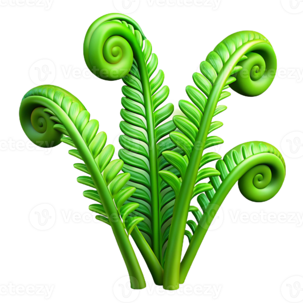 vibrant rustic Three vibrant green ferns unfurling, dramatic chiaroscuro lighting, botanical illustration style professional png