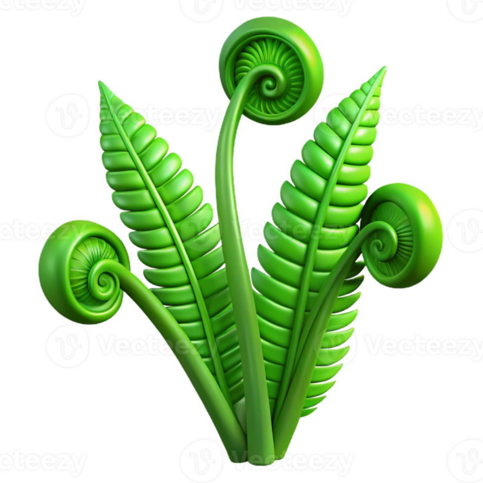vibrant modern Three vibrant green ferns unfurling, dramatic chiaroscuro lighting, botanical illustration style high resolution png
