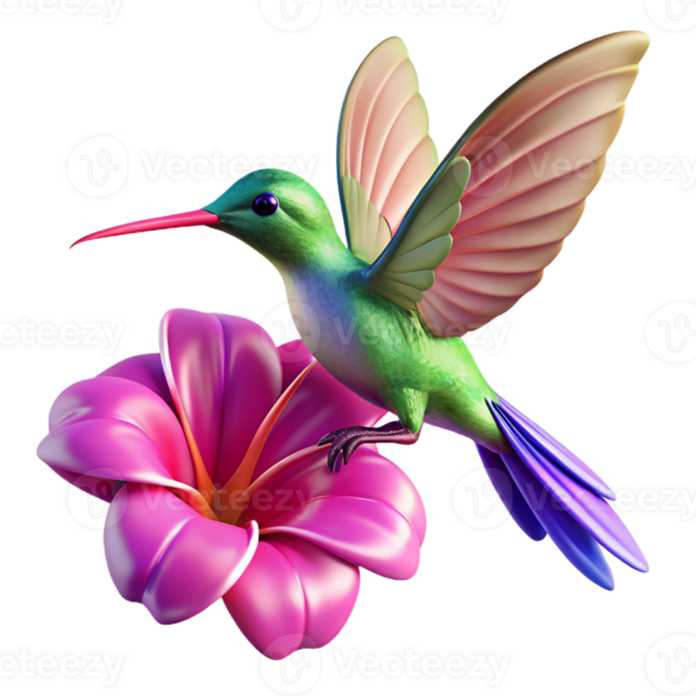 dramatic abstract A hummingbird hovering near a vibrant fuchsia flower, motion blur on the wings, vibrant colors, dynamic lighting detailed png