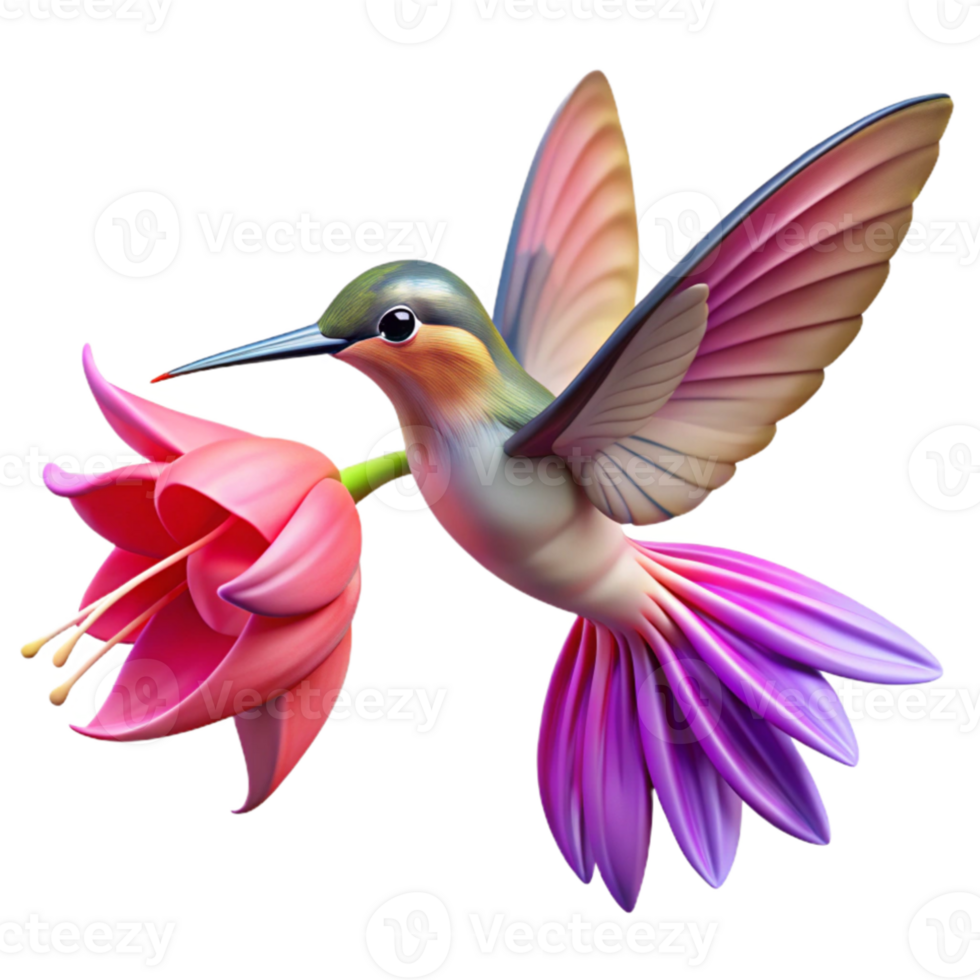 stunning classic A hummingbird hovering near a vibrant fuchsia flower, motion blur on the wings, vibrant colors, dynamic lighting high quality png