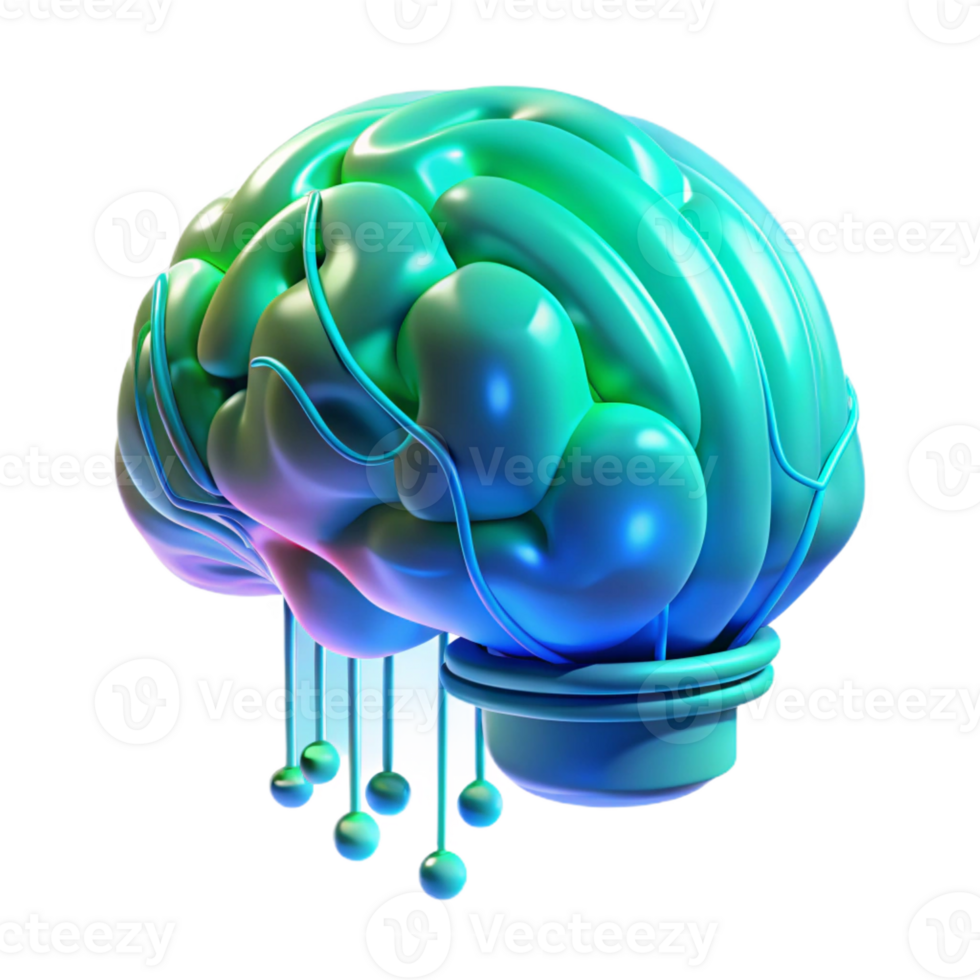 serene traditional A holographic projection of a human brain rotating slowly, complex data streams flowing through it, cool blue and green lighting, futuristic minimalist style professional png