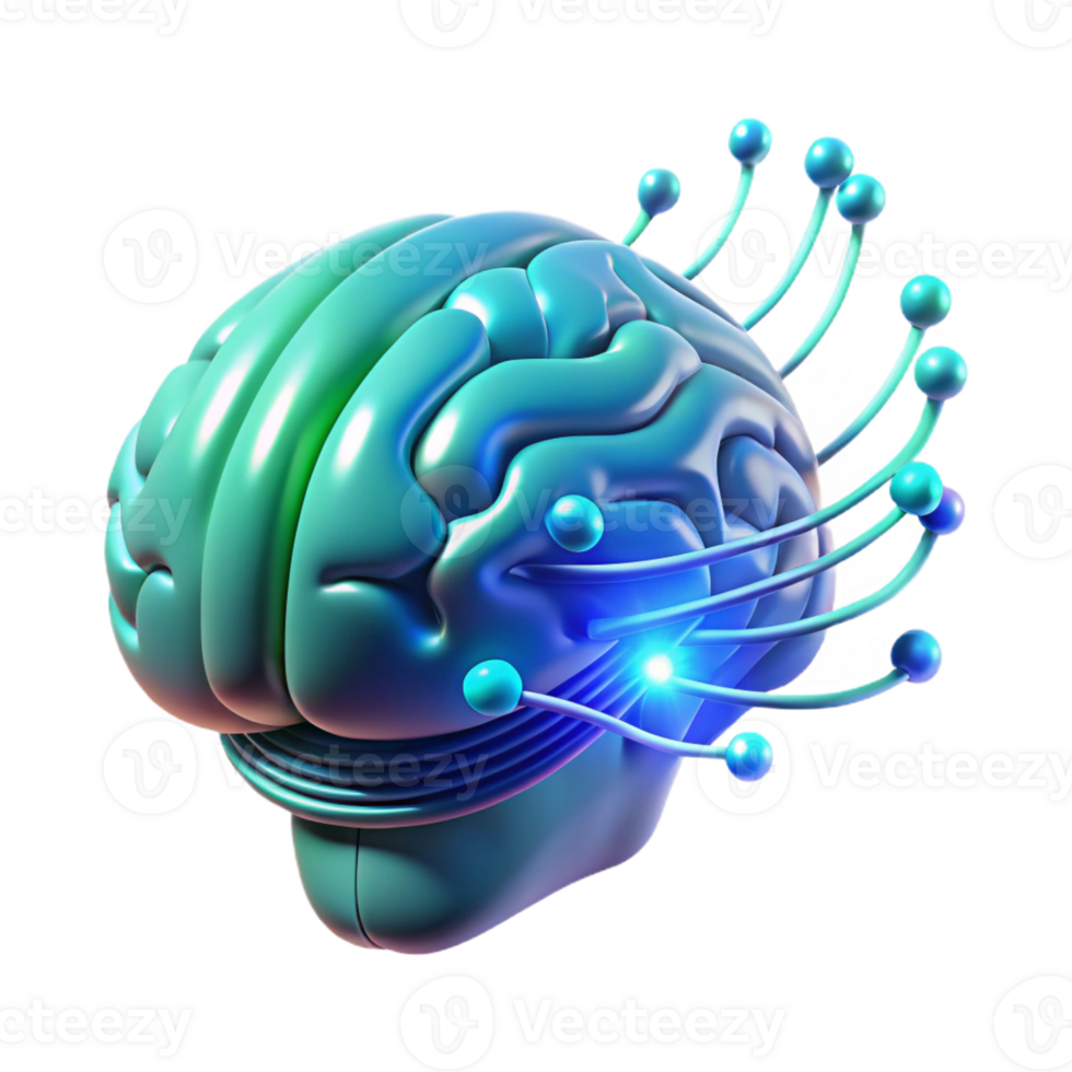 impressive modern A holographic projection of a human brain rotating slowly, complex data streams flowing through it, cool blue and green lighting, futuristic minimalist style premium png