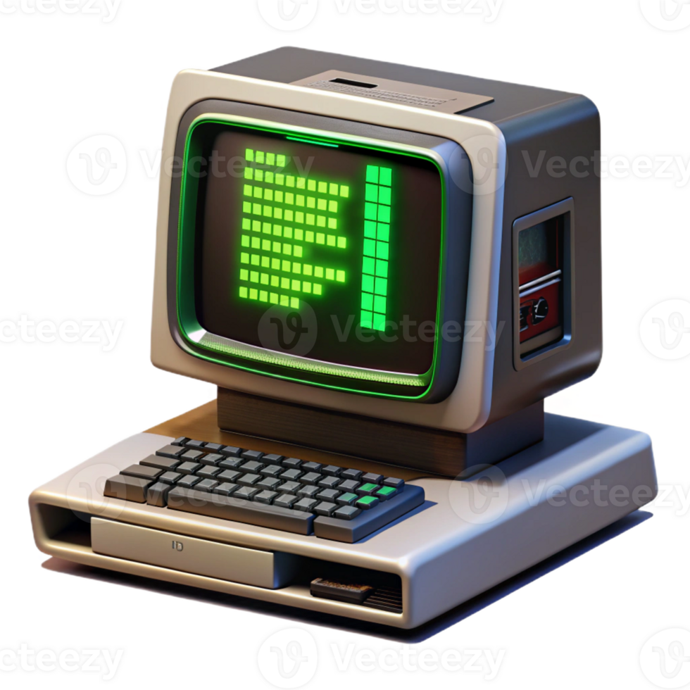 wonderful rustic A vintage computer terminal displaying complex code, flickering green text on a black screen, dimly lit room, retrofuturism style authentic png