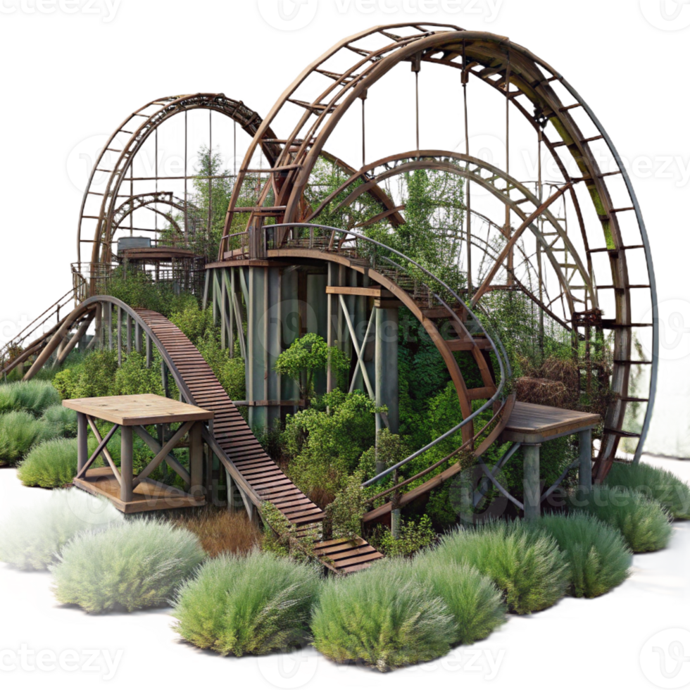serene abstract Abandoned amusement park, rusted rollercoasters, overgrown with weeds, eerie atmosphere, detailed png
