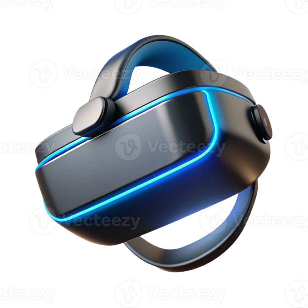 extraordinary rustic A virtual reality headset floating in mid-air, sleek black design, glowing blue accents, dark background with rim lighting, product photography style high quality png