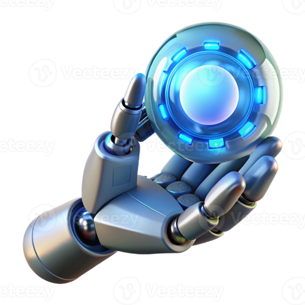 beautiful minimalist A robotic hand delicately holding a glowing orb of data, intricate metallic design, soft blue lighting, cinematic style high quality png
