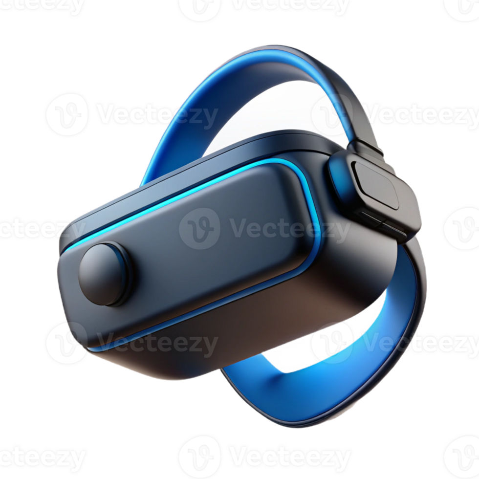 magnificent creative A virtual reality headset floating in mid-air, sleek black design, glowing blue accents, dark background with rim lighting, product photography style original png