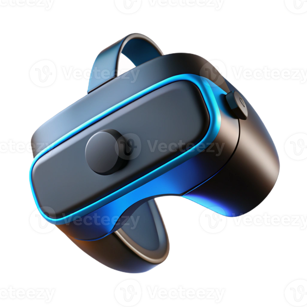 vibrant abstract A virtual reality headset floating in mid-air, sleek black design, glowing blue accents, dark background with rim lighting, product photography style authentic png