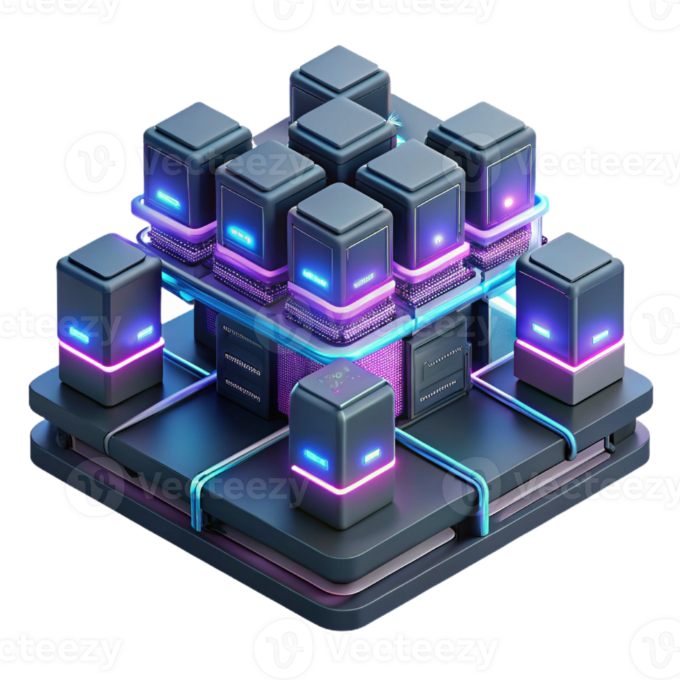 wonderful creative A network of interconnected servers with glowing data streams, complex wiring and circuitry, dark room with neon accents, cyberpunk style high quality png
