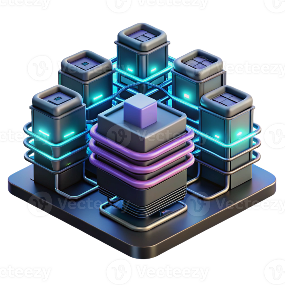 wonderful traditional A network of interconnected servers with glowing data streams, complex wiring and circuitry, dark room with neon accents, cyberpunk style premium png