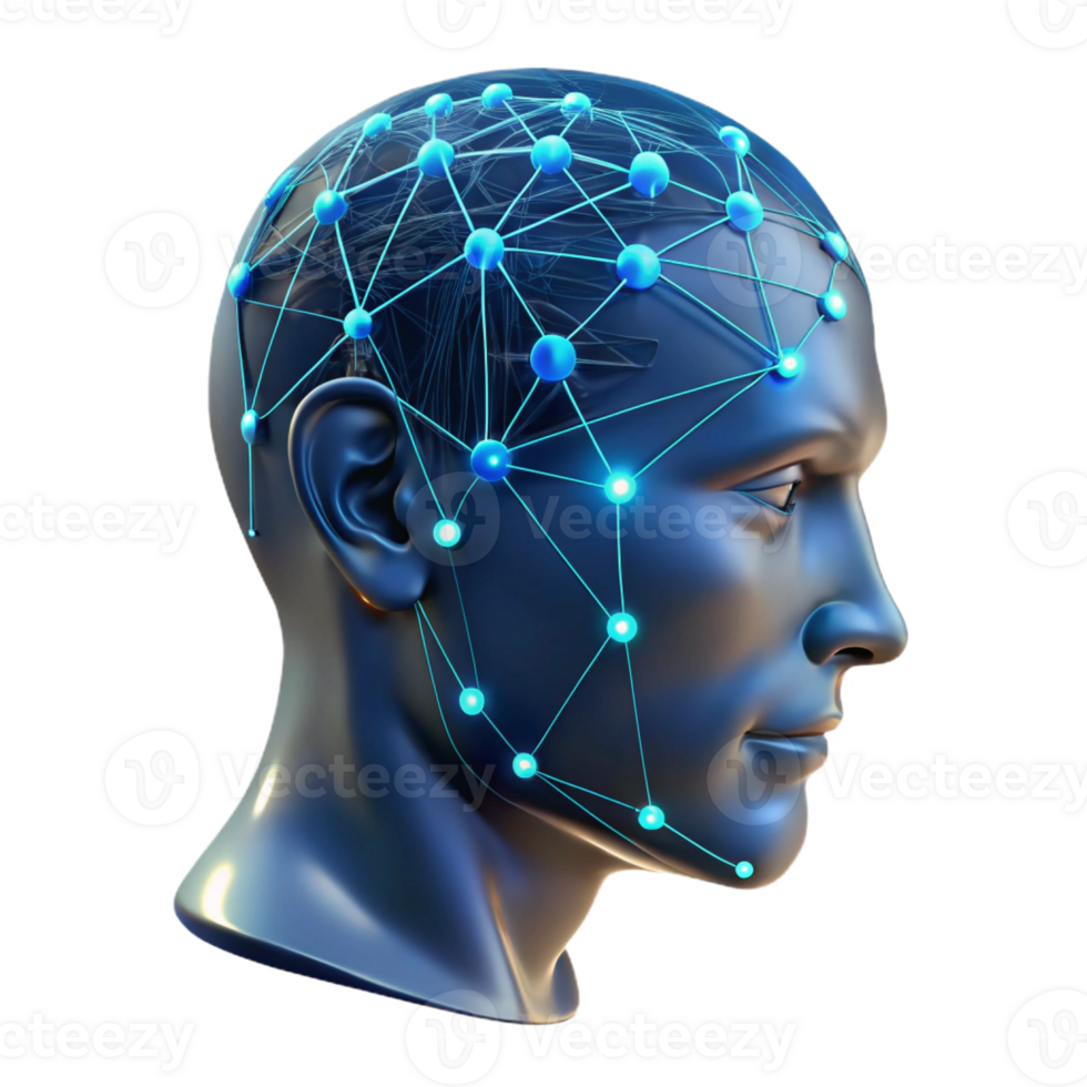 impressive traditional A transparent human head with visible neural pathways, glowing with data streams, dark background with blue accents, scientific visualization style premium png
